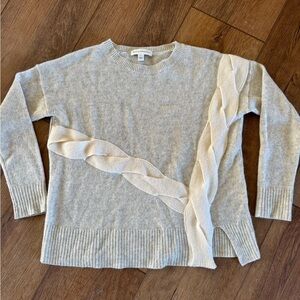 White + Warren Gray and Cream Crew Neck Sweater Braid Detail Cashmere / small